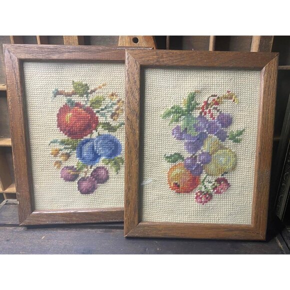 Vintage Glass-covered Wood Framed Fruit Needlepoint Art Set Of 2 Cross Stitch - Picture 1 of 5